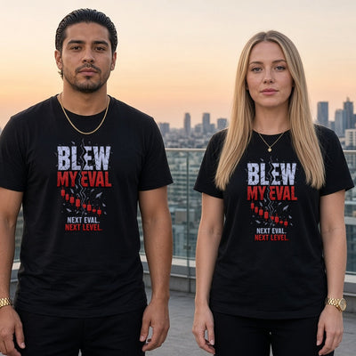 Blew My Eval tee worn by trader couple