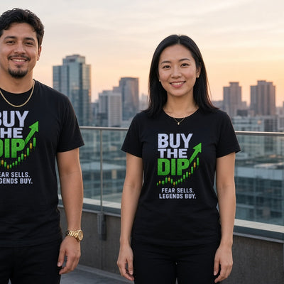 Buy The Dip tee on adult trader couple
