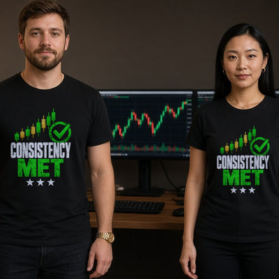 Consistency Met tee worn by trader couple