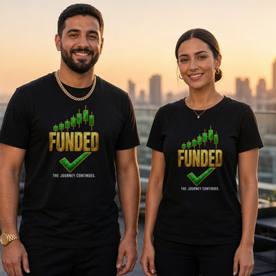 Funded tee worn by trader couple