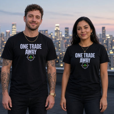 One Trade Away tee on adult trader couple