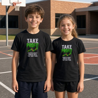 Take Profit kids tee on real kids at a school blacktop