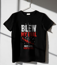 Load image into Gallery viewer, Blew My Eval Tee - black tee with the Blew My Eval print, hanging product photo
