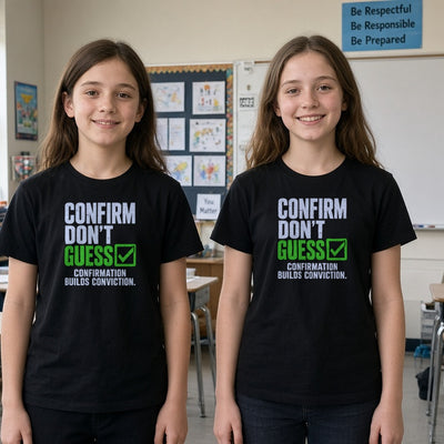 Confirm Don't Guess kids tee on real kids at a classroom