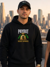 Load image into Gallery viewer, Confirm Don't Guess dad hat in black with embroidered logo, worn by a trader on a rooftop with the Payout Hoodie