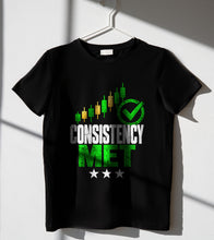 Load image into Gallery viewer, Consistency Met Tee - black tee with the Consistency Met print, hanging product photo