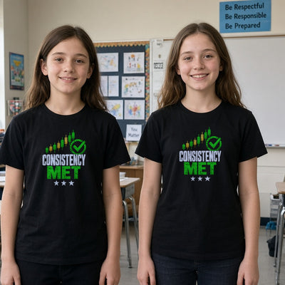 Consistency Met kids tee on real kids at a classroom