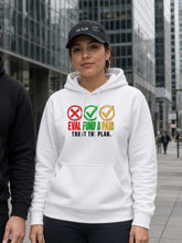 Load image into Gallery viewer, Eval Funded Paid Hoodie in white worn by a trader on a city street, with The Plan dad hat