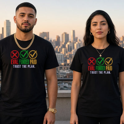 Eval Funded Paid tee worn by trader couple