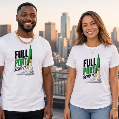 Full Port tee worn by trader couple