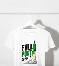 Load image into Gallery viewer, Full Port Tee - white tee with the Full Port print, hanging product photo