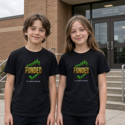 Funded kids tee on real kids at a school entrance