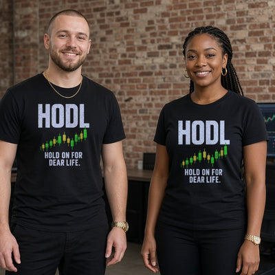 HODL tee on adult trader couple