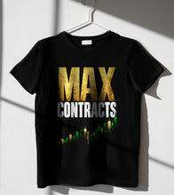 Load image into Gallery viewer, Max Contracts Tee - black tee with the Max Contracts print, hanging product photo