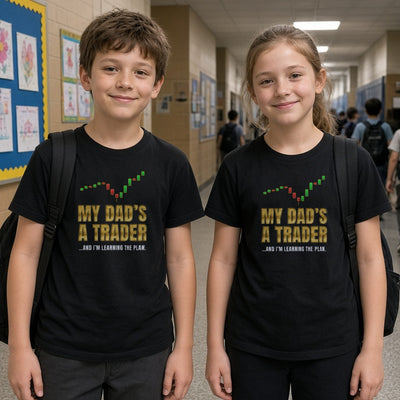 My Dad's a Trader kids tee on real kids at a school hallway