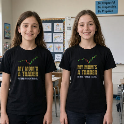 My Mom's a Trader kids tee on real kids at a classroom