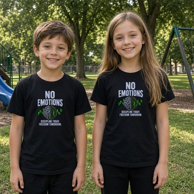 No Emotions kids tee on real kids at a playground