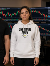 Load image into Gallery viewer, One Trade Away Hoodie in white worn by a trader at her multi-monitor trading desk