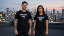 Load image into Gallery viewer, One Trade Away tee on adult trader couple