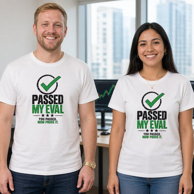 Passed My Eval tee worn by trader couple