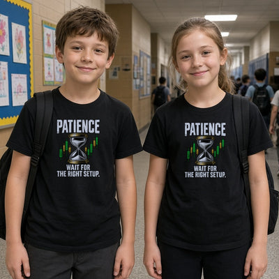 Patience kids tee on real kids at a school hallway