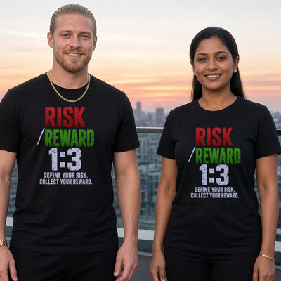 Risk/Reward tee on adult trader couple