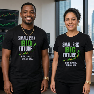 Small Risk Big Future tee on adult trader couple