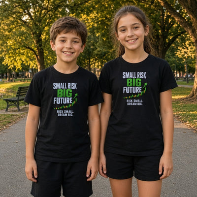 Small Risk Big Future kids tee on real kids at a park path