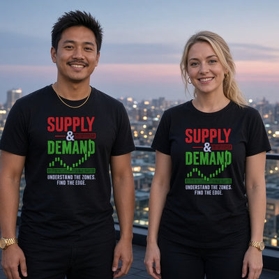 Supply & Demand tee on adult trader couple