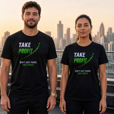 Take Profit Arrow tee on adult trader couple
