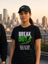 Load image into Gallery viewer, Take Profit dad hat in black with embroidered logo, worn by a trader on a rooftop with the Breakout tee