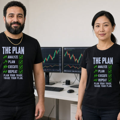 The Plan tee on adult trader couple