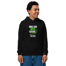 Load image into Gallery viewer, Kids Small Risk Big Future Hoodie in Black - product mockup