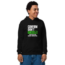 Load image into Gallery viewer, Kids Confirm Don't Guess Hoodie in Black - product mockup